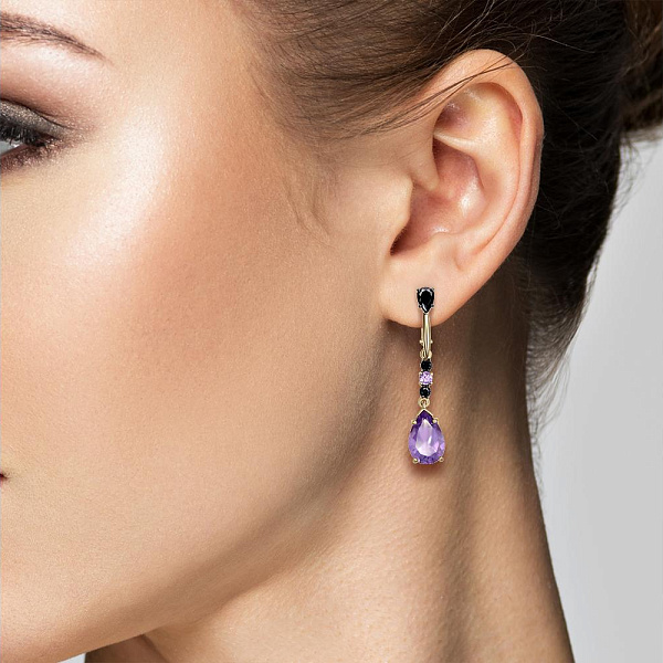 Серьги из жёлтого золота с 4 аметистами и 6 фианитами