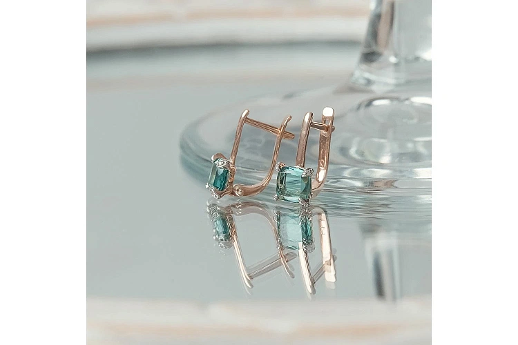Серьги из красного золота с 2 ситаллами и 8 фианитами