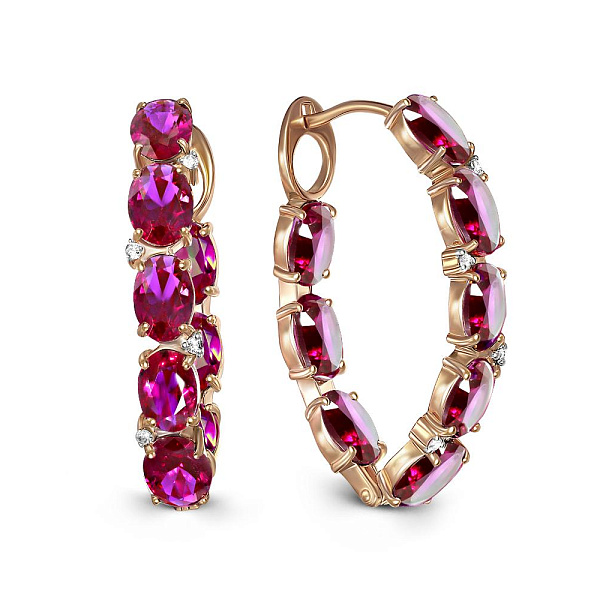 Серьги из красного золота с 16 корундами и 8 фианитами