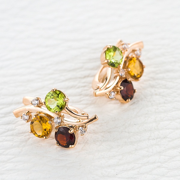 Серьги Цветы из красного золота с гранатами, хризолитами и цитринами