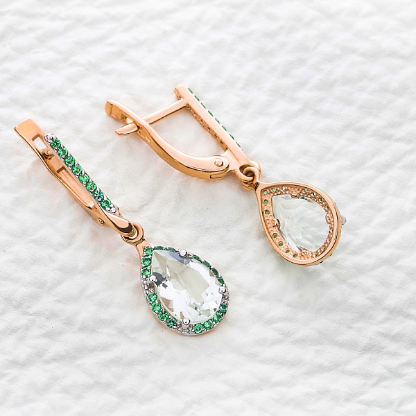 Серьги из красного золота с 2 празиолитами и 50 фианитами