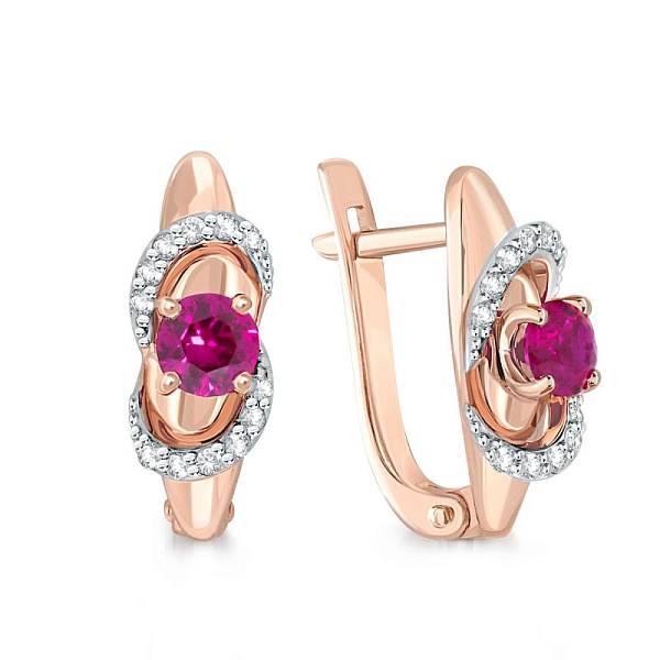 Серьги из красного золота с 2 корундами и 24 фианитами
