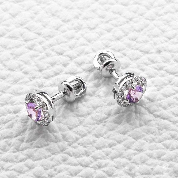 Серьги-пусеты из белого золота с 2 аметистами и 28 фианитами
