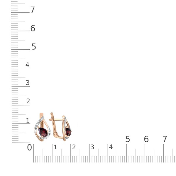 Серьги из красного золота с 2 гранатами и 14 фианитами