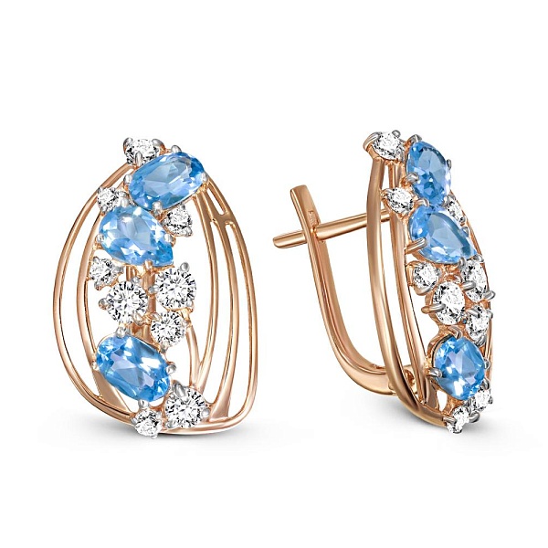 Серьги из красного золота с 6 топазами swiss и 18 фианитами