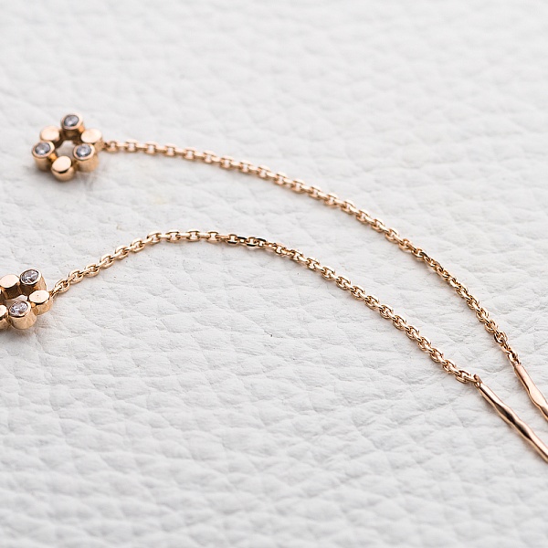 Серьги-продёвки Цветы из красного золота с 6 фианитами