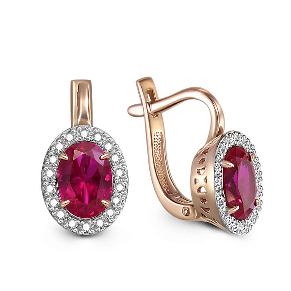 Серьги из красного золота с 2 корундами и 36 фианитами