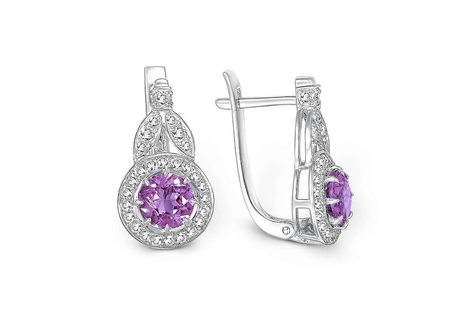 Серьги из белого золота с 2 аметистами и 58 фианитами