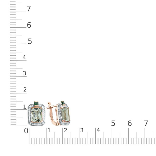 Серьги из красного золота с празиолитами, фианитами и шпинелями