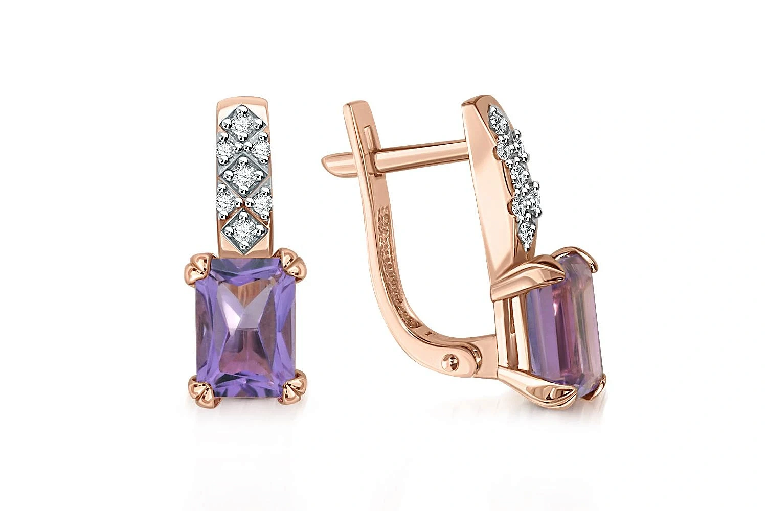 Серьги из красного золота с 2 аметистами и 14 фианитами