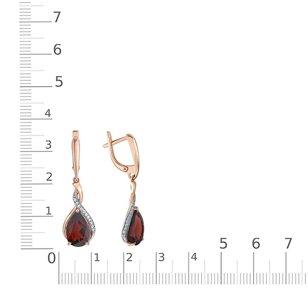 Серьги из красного золота с 2 гранатами и 24 фианитами