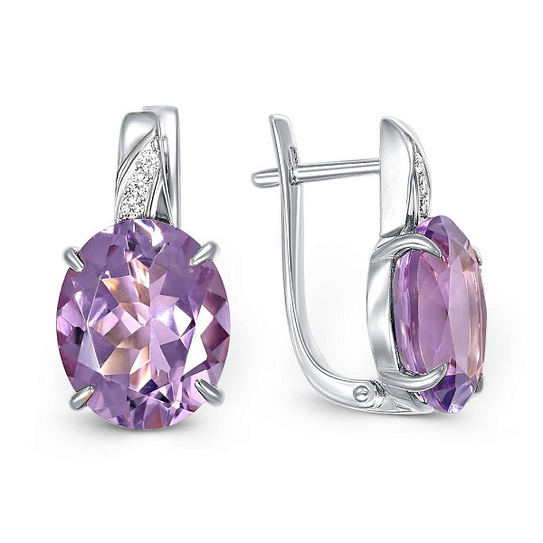 Серьги из белого золота с 2 аметистами и 6 фианитами