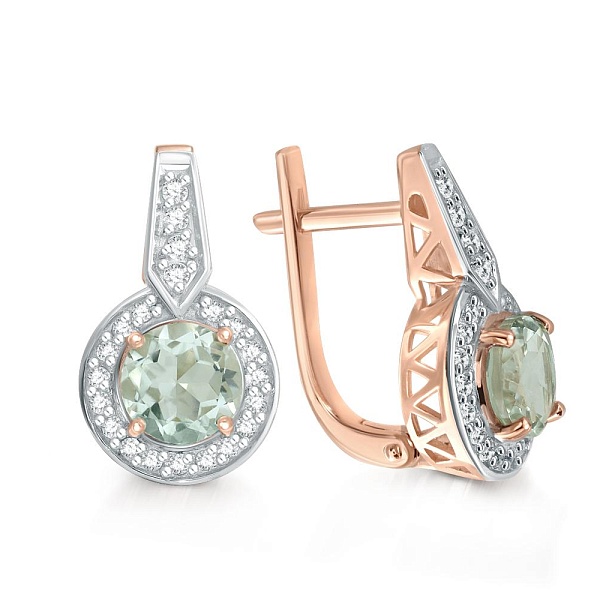 Серьги из красного золота с 2 аметистами и 42 фианитами
