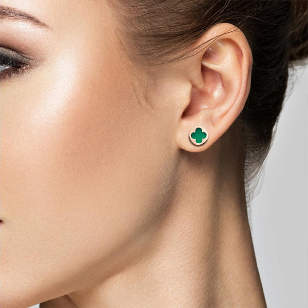 Серьги-пусеты Клевер из красного золота с 2 агатами