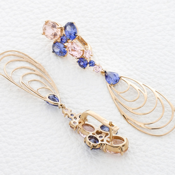 Серьги из красного золота с 8 ситаллами и 12 фианитами