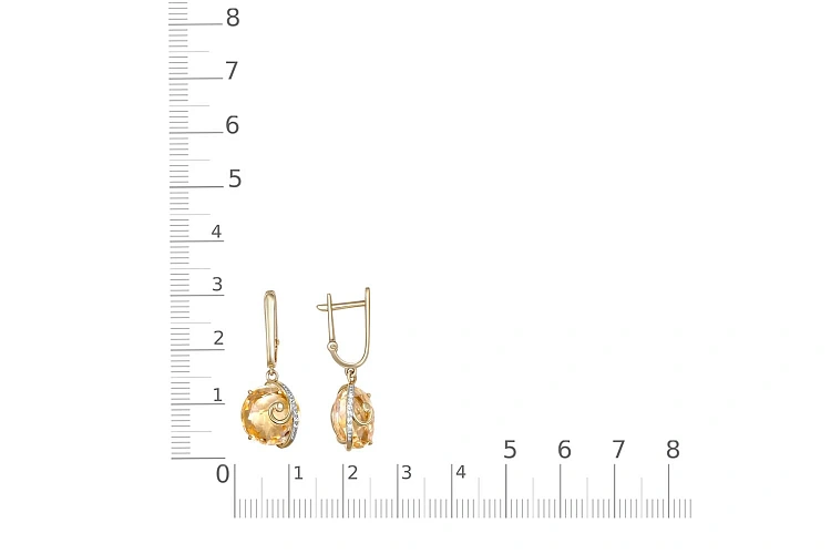 Серьги из жёлтого золота с 2 цитринами и 12 фианитами