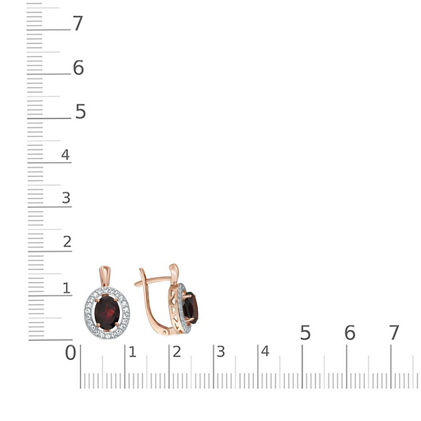 Серьги из красного золота с 2 гранатами и 44 фианитами