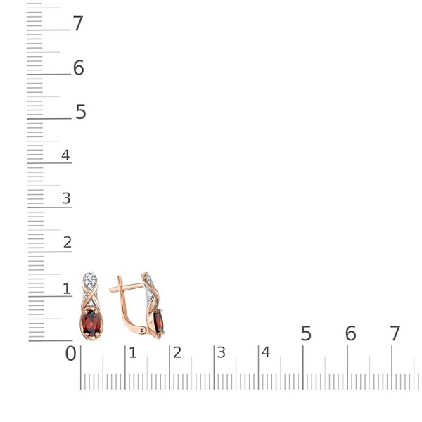 Серьги из красного золота с 2 гранатами и 14 фианитами