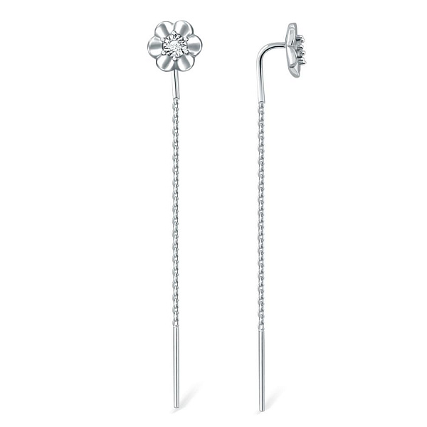 Серьги-продёвки Цветы из белого золота с 2 бриллиантами