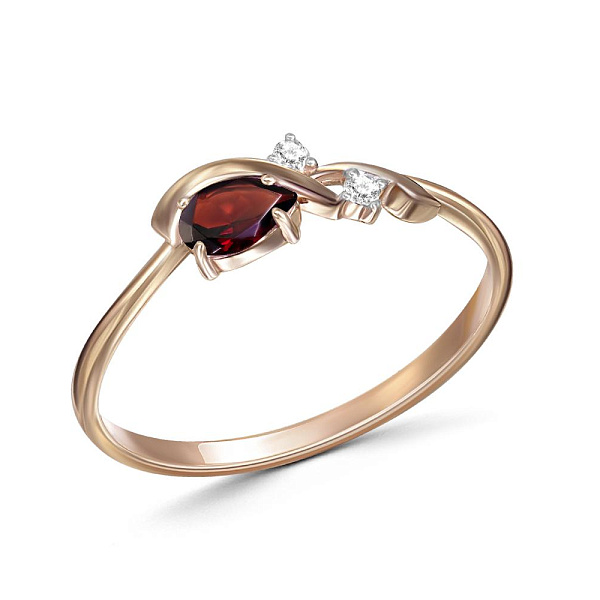 Кольцо из красного золота с гранатом и 2 фианитами