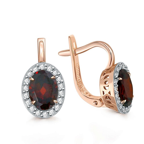 Серьги из красного золота с 2 гранатами и 36 фианитами