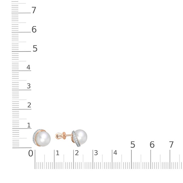 Серьги-пусеты из красного золота с 2 жемчужинами и 28 фианитами
