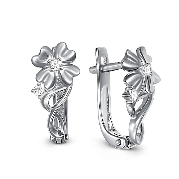 Серьги Цветы из белого золота с 4 фианитами