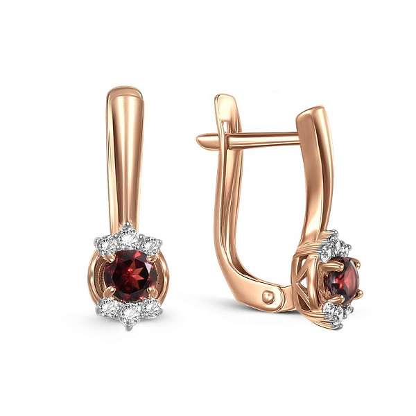 Серьги из красного золота с 2 гранатами и 12 фианитами