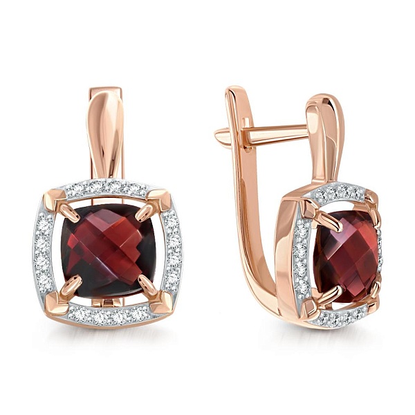 Серьги из красного золота с 2 гранатами и 32 фианитами