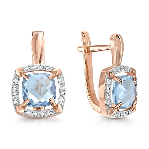 Серьги из красного золота с 2 топазами sky и 32 фианитами