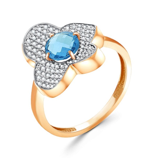 Кольцо Цветок из красного золота с топазом swiss и 93 фианитами
