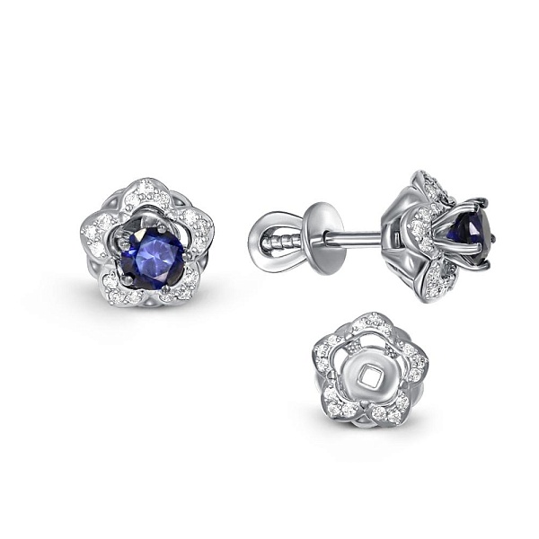 Серьги-пусеты Цветы из белого золота с 2 корундами и 30 бриллиантами