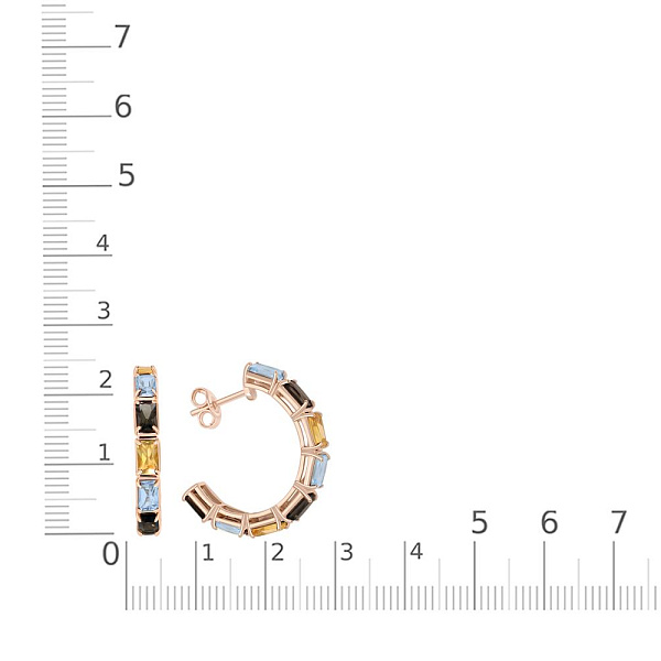 Серьги-пусеты из красного золота с раухтопазами, топазами sky и цитринами
