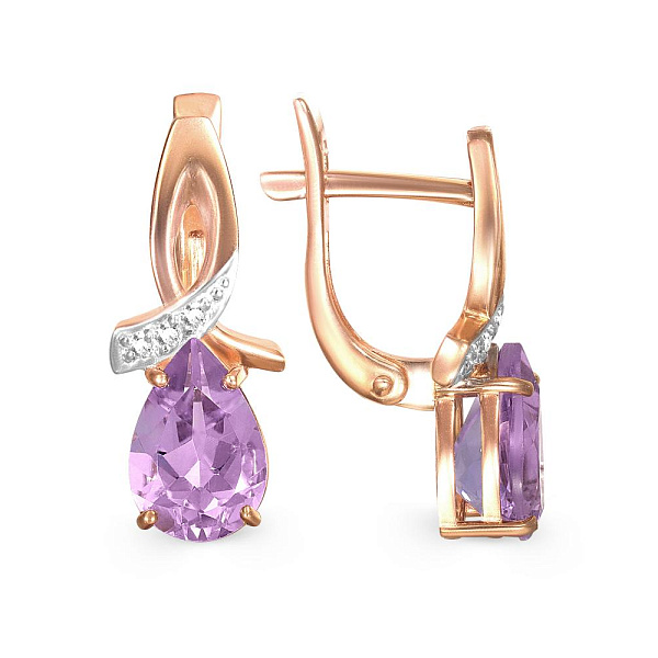 Серьги из красного золота с 2 аметистами и 6 фианитами