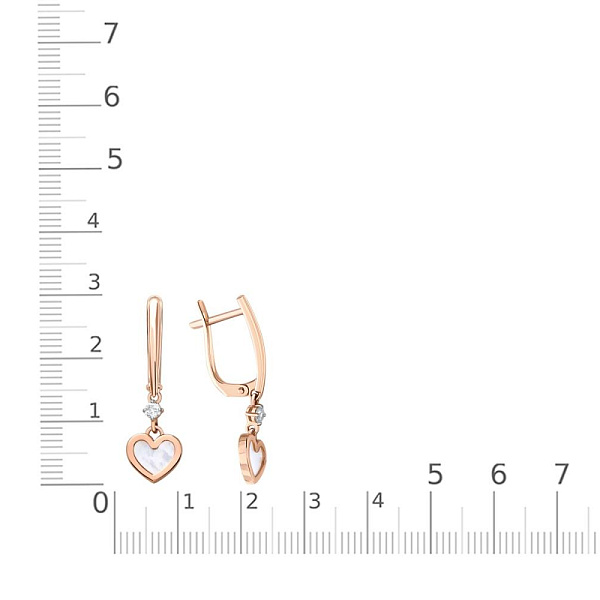 Серьги Сердца из красного золота с перламутром и 2 фианитами