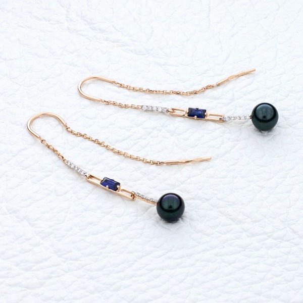 Серьги-продёвки из красного золота с жемчужинами, сапфирами и бриллиантами