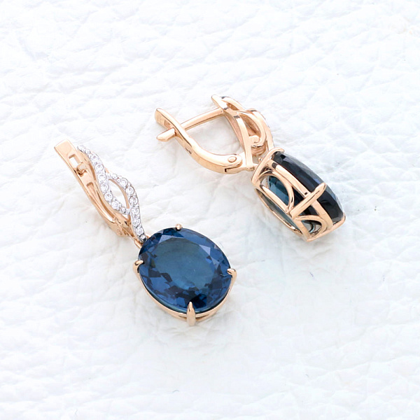 Серьги из красного золота с 2 ситаллами и 24 фианитами