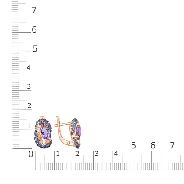 Серьги из красного золота с 2 аметистами и 64 фианитами