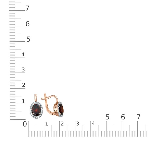 Серьги из красного золота с 2 гранатами и 36 фианитами