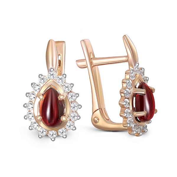 Серьги из красного золота с 2 гранатами и 32 фианитами