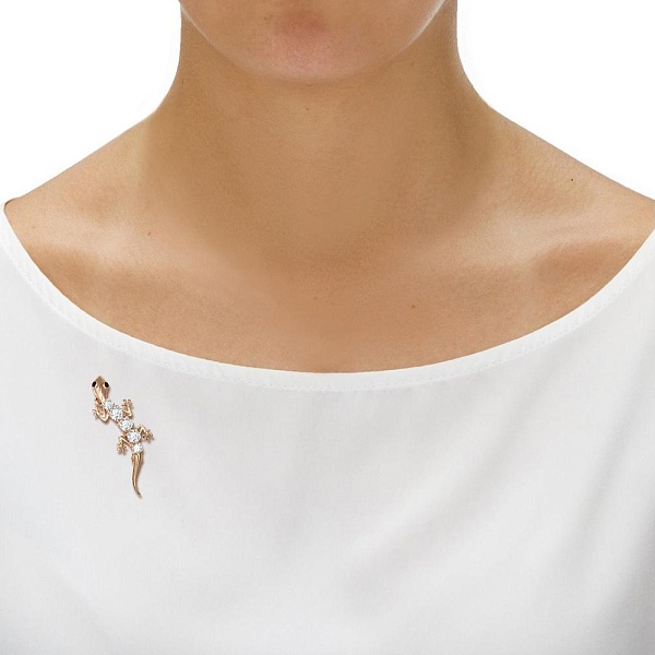 Брошь Ящерица из красного золота с 7 фианитами