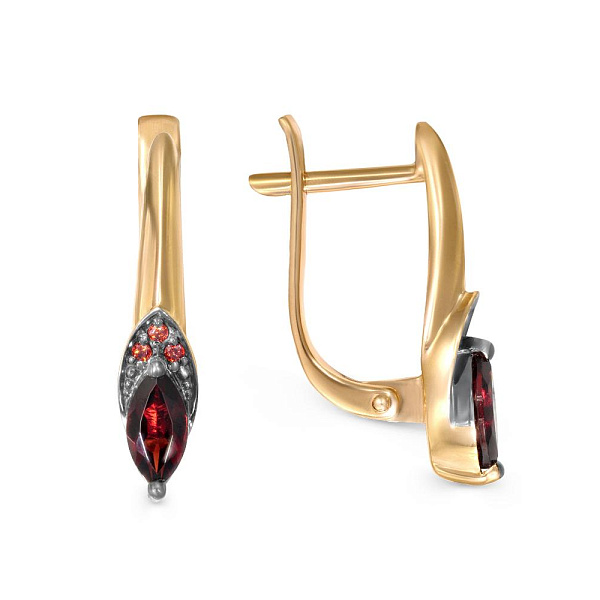 Серьги из жёлтого золота с 2 гранатами и 6 фианитами
