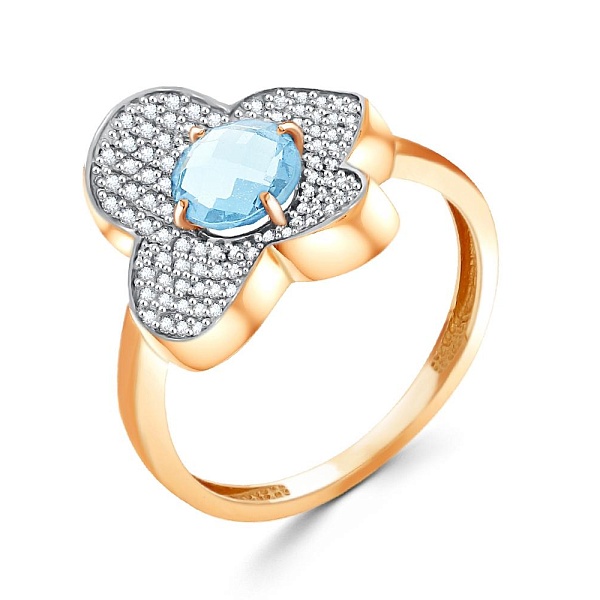 Кольцо Цветок из красного золота с топазом sky и 93 фианитами