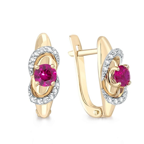 Серьги из жёлтого золота с 2 корундами и 24 фианитами