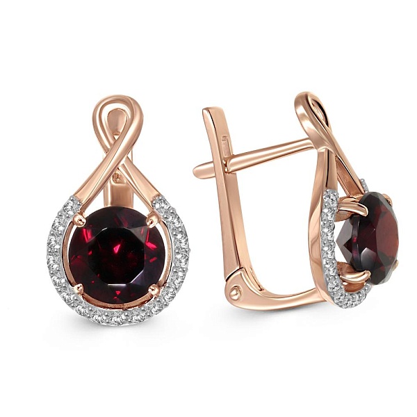Серьги из красного золота с 2 гранатами и 34 фианитами
