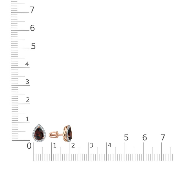 Серьги-пусеты из красного золота с 2 гранатами и 46 фианитами