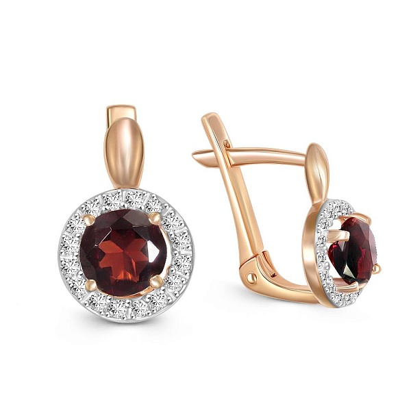 Серьги из красного золота с 2 гранатами и 32 фианитами