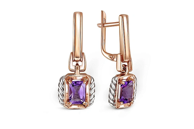 Серьги из красного золота с 2 аметистами