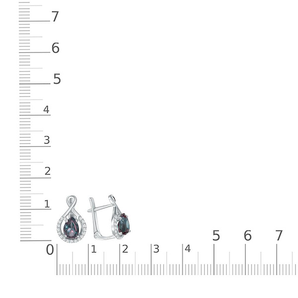 Серьги из белого золота с 2 александритами и 34 фианитами