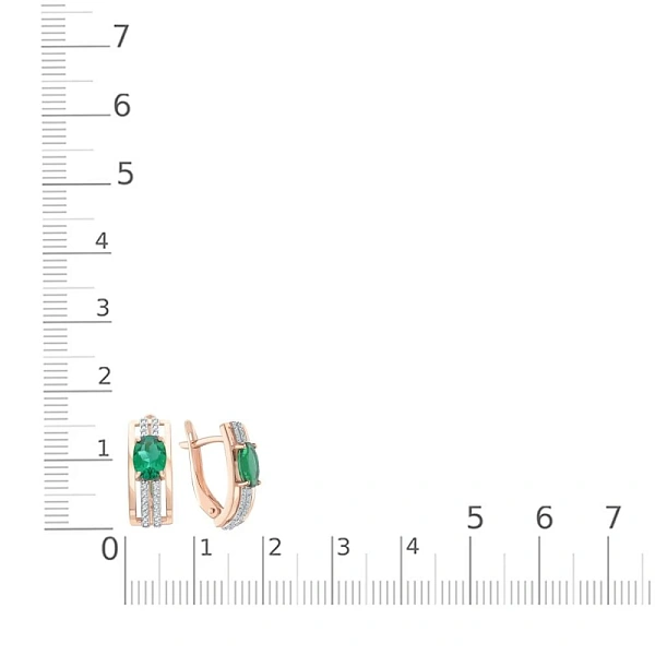 Серьги из красного золота с 2 изумрудами и 40 фианитами